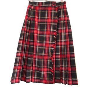 Pleated Tartan Plaid Wool Kilt Wrap Skirt Brass Pin Fringed Edge Modern XS EUC